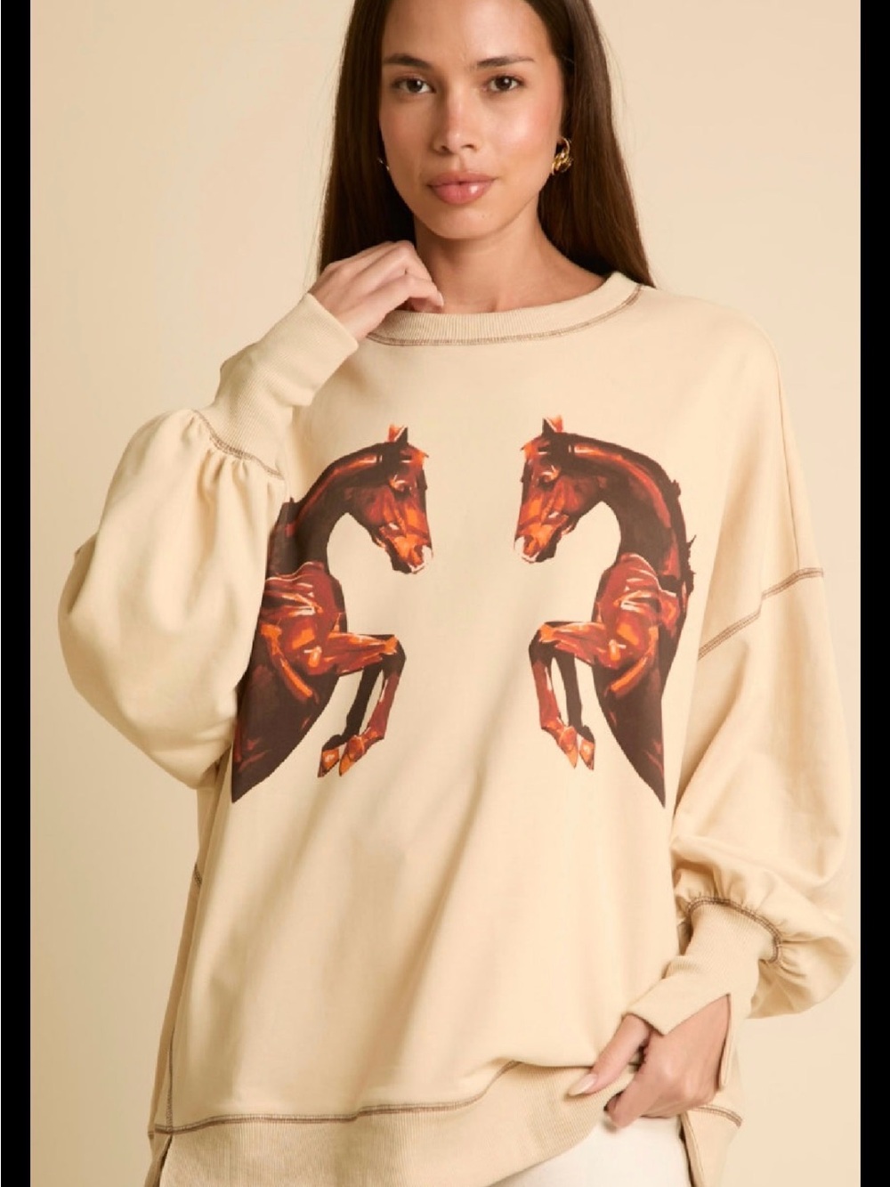Beige Sweatshirt with Brown Horse Print